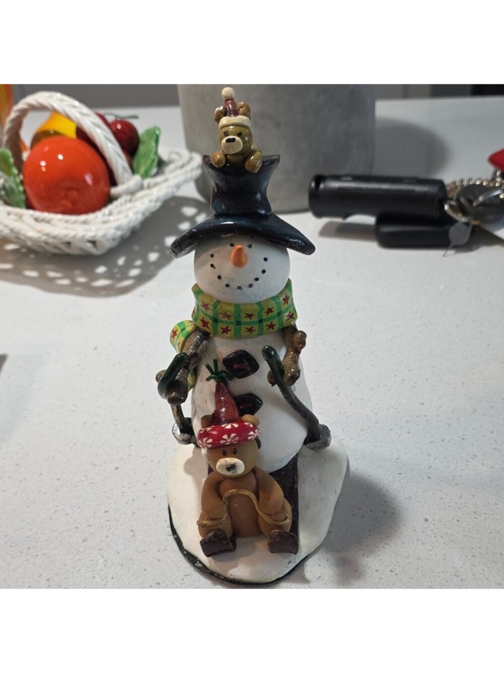 Christmas Snowman Resin Figurine Hand Painted Stars Hat Scarf w/ Teddy Bears - Picture 1 of 7